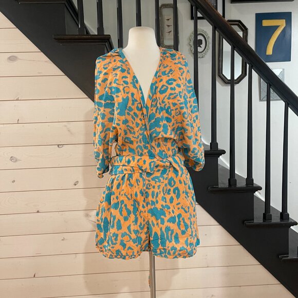 🖤 Agua Bendita Balam Linnea Romper, Orange and Blue Leopard(Nuly) Size Large - Picture 4 of 12